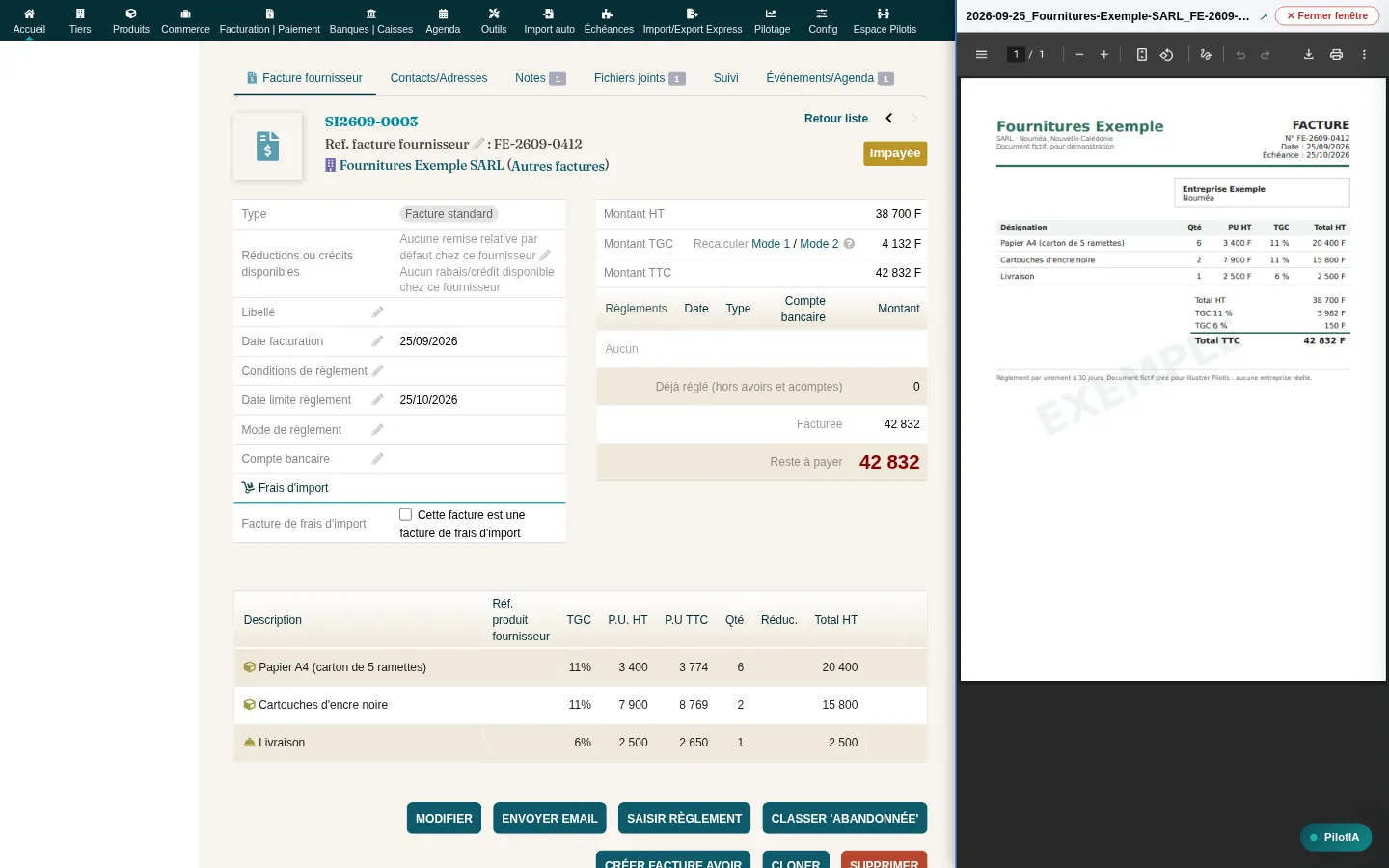 La même facture, avec sa pièce ouverte à côté : les montants se contrôlent sans chercher le PDF ailleurs.