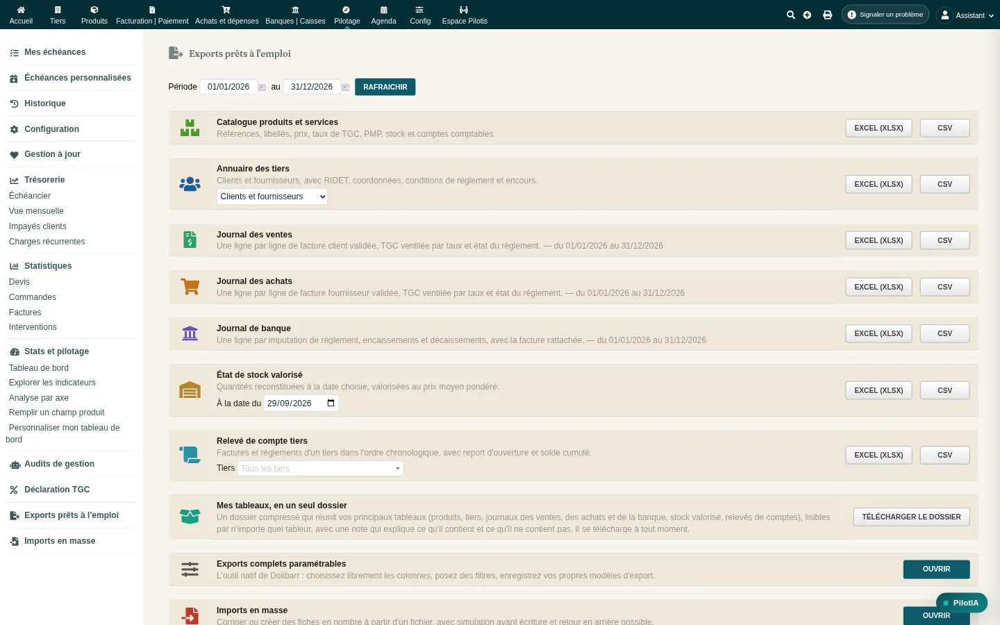 Exports prêts à l’emploi : catalogue, tiers, journaux des ventes, des achats et de banque, stock valorisé, relevés de compte, chacun en Excel ou en CSV.